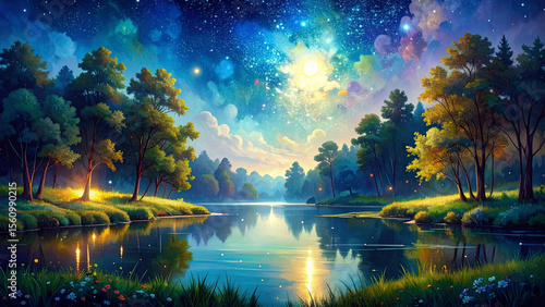 自然  風景 湖 森 夜空