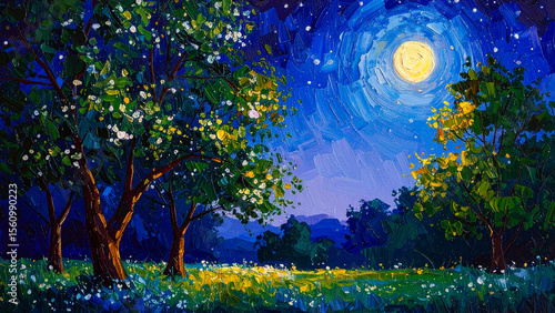 自然の風景　夜　油絵