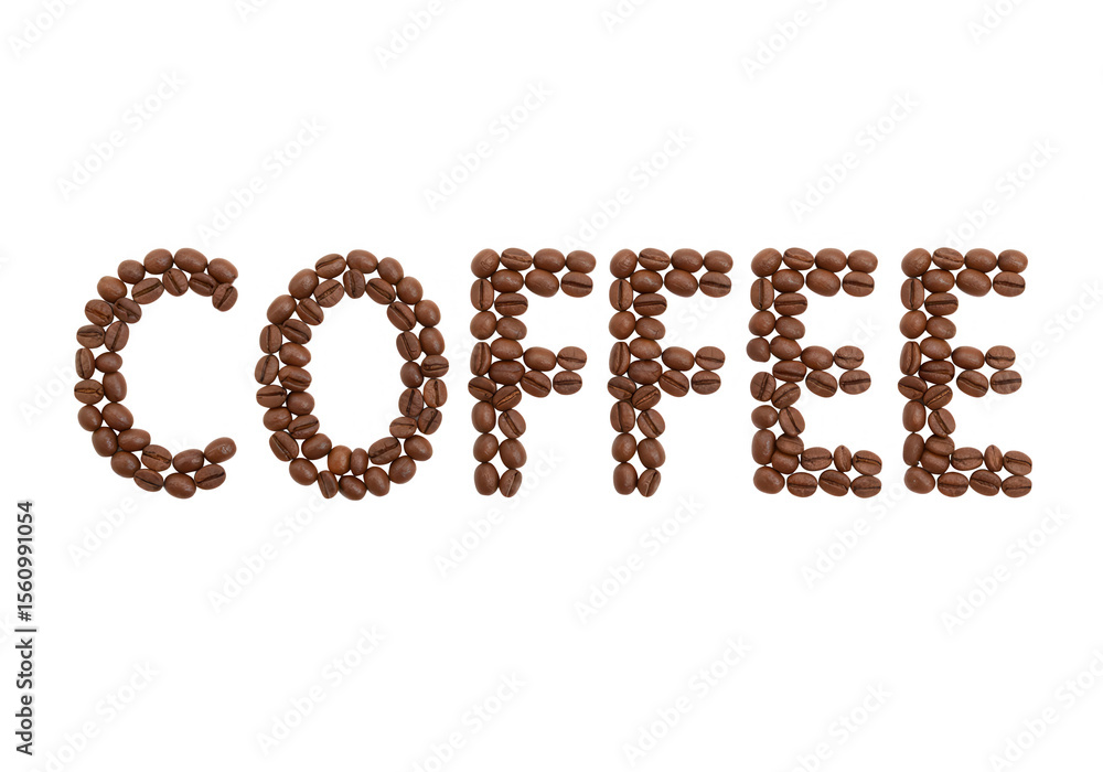 The word coffee is artfully spelled out using brown coffee beans isolated on transparent background The word coffee is artfully spelled out using brown coffee beans isolated on transparent background