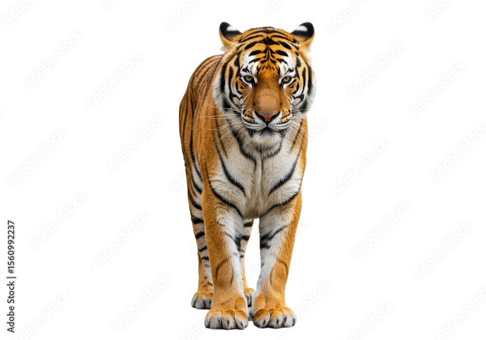 Obraz premium A majestic tiger stands isolated on transparent background, its orange and black stripes contrasting sharply against the pure white backdrop