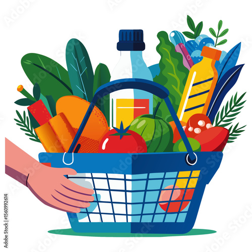 Vector illustration of a hand holding a shopping basket with vegetables, drinks, and groceries in a colorful flat style.