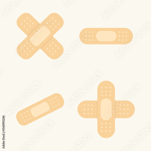 A collection of various beige adhesive bandages in a flat vector style. This icon set includes different shapes for first aid, wound care, injury, and medical concepts