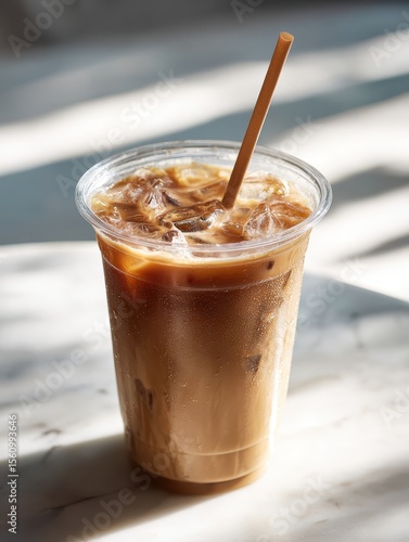 Iced coffee in clear plastic cup with straw and condensation, placed on white marble table with soft light, cafe aesthetic