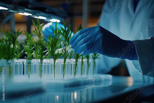 Scientist in lab coat, gloved hands, tending to young plants in clear tubes under lights