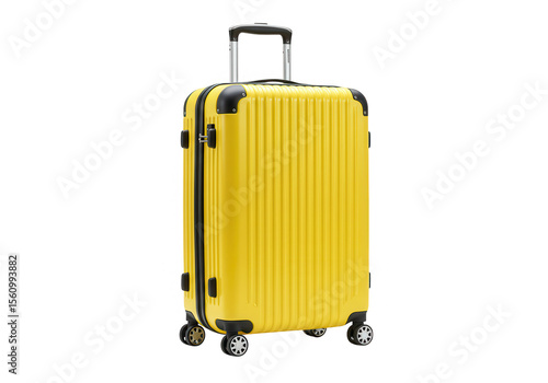 A bright yellow suitcase with black accents stands isolated on transparent background