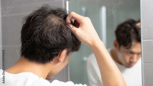 鏡の前で頭皮や髪の状態を確認する男性｜薄毛,ヘアケア,悩み

