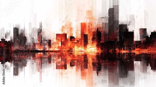 Abstract art illustration of a cityscape with reflection in water with vibrant colors and light effects on a white background.