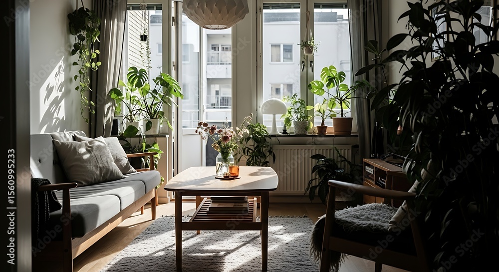 Obraz premium Sunlit Living Room with Abundant Houseplants and Mid-Century Modern Furniture