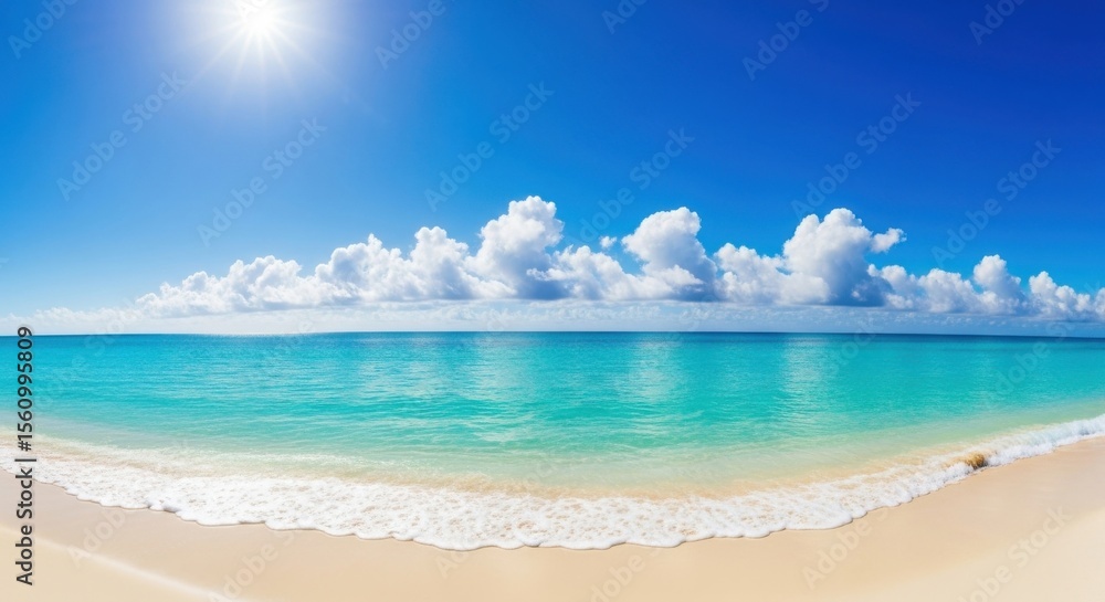 Fototapeta premium Beautiful Tropical Beach with Turquoise Water and White Sand Under a Sunny Blue Sky with Fluffy Clouds