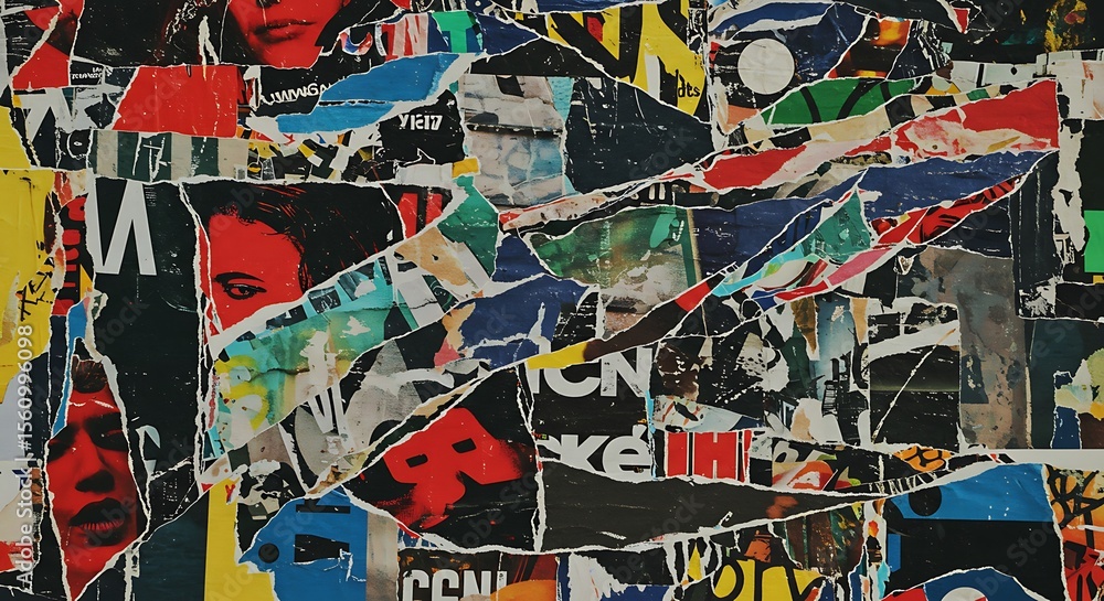 Fototapeta premium Abstract collage of torn paper, featuring a vibrant mix of colors and textures.
