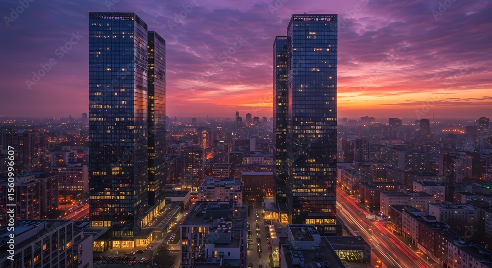 Obraz premium Modern skyscrapers illuminated at dusk with vibrant purple and orange sky