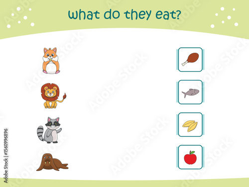 What do they eat matching game for kids with cute wild animals. activity page for kindergarteen and preschool. Vector illustration