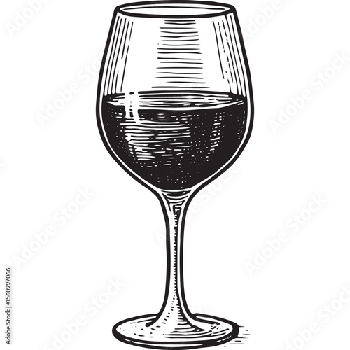 Elegant black-and-white wine glass illustration with red wine, perfect for wine labels, menus, and vintage decor designs