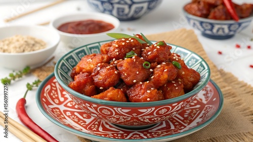 Close up of gobi manchurian dish in a patterned bowl on a table