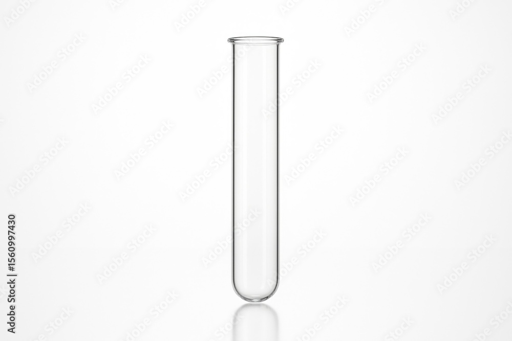Empty glass test tube on reflective white surface in laboratory setting Empty glass test tube on reflective white surface in laboratory setting