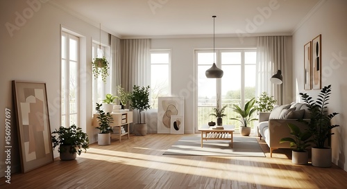 Sunlit Living Room with Minimalist Decor and Abundant Plants