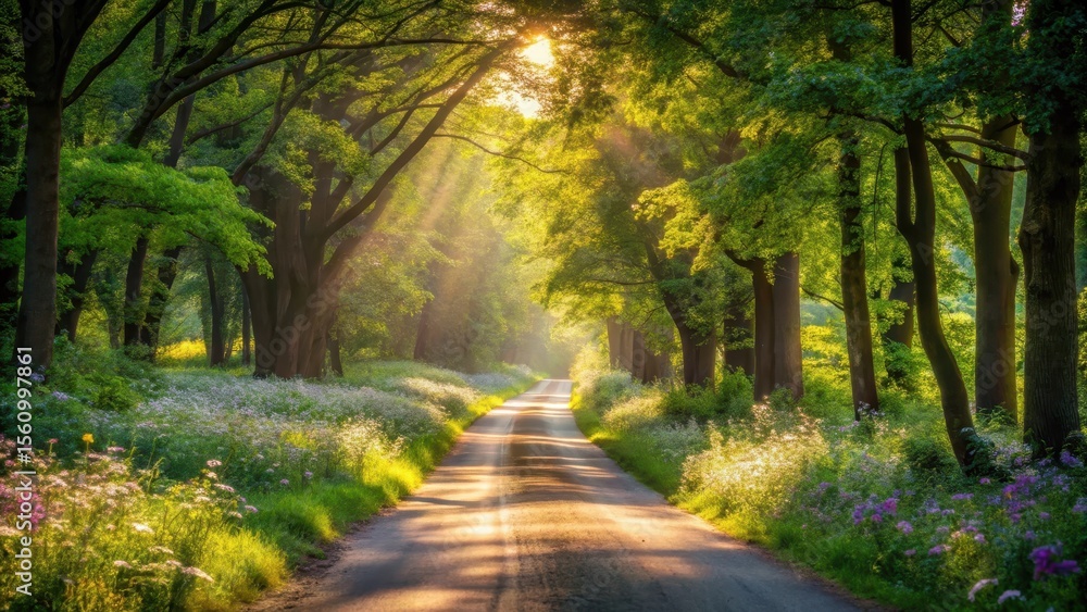 Fototapeta premium Sunlit Path Through a Verdant Canopy of Trees Lined with Blooming Wildflowers