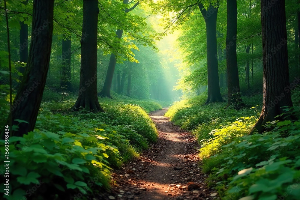 Obraz premium Sun-Dappled Forest Trail Discover Serenity and Adventure on a Lush, Winding Path through Deep Woods