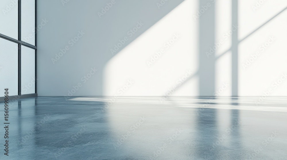 Obraz premium Light streams into a bright, minimal room with a glossy, gray concrete floor