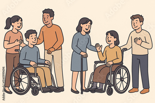 Cartoon characters supporting disabled people, communicating with wheelchair users and sick persons in minimalistic vector collection