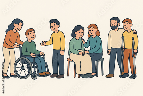 Cartoon characters supporting disabled people, communicating with wheelchair users and sick persons in minimalistic vector collection