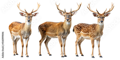 Three spotted deer with antlers standing side by side on black background Ai isolated on a transparent background