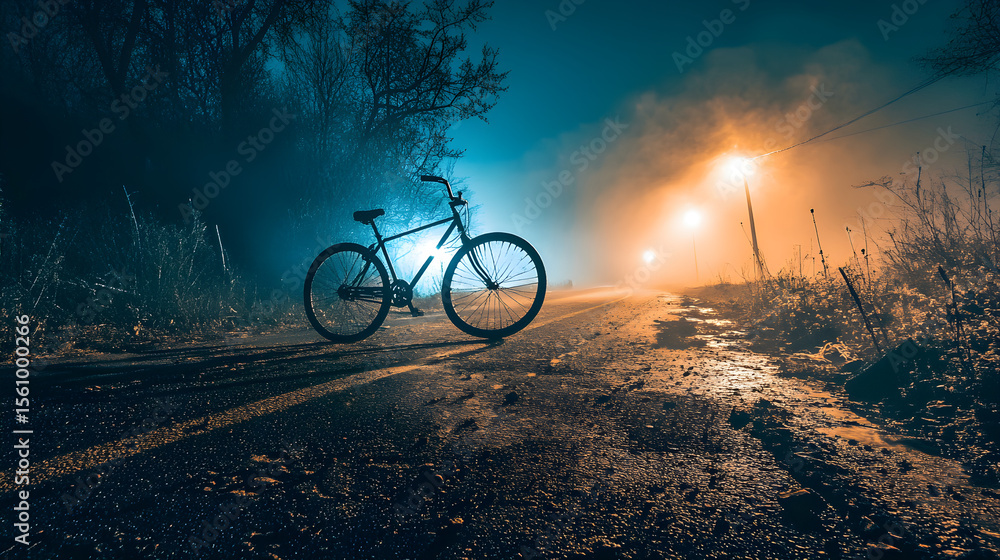 Obraz premium A ghostly stretch of road at midnight, a lone bicycle with bent wheels, a faint glowing silhouette of a victim, tire marks fading into mist, long-exposure photography, ethereal and haunting, --ar 16:9