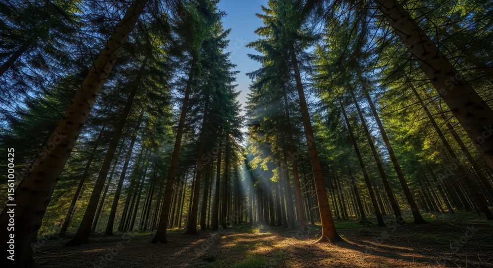 Fototapeta premium A view looking up through tall trees in a dense forest with sunlight streaming through the canopy above