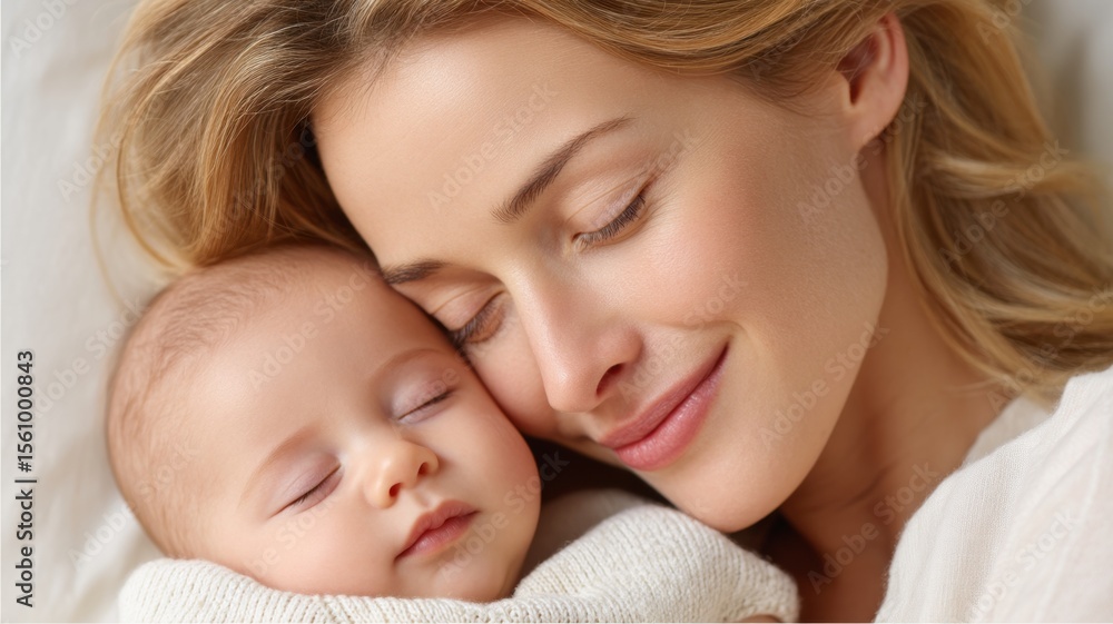 A tender moment of a mother and her baby sharing a peaceful sleep together. A tender moment of a mother and her baby sharing a peaceful sleep together.