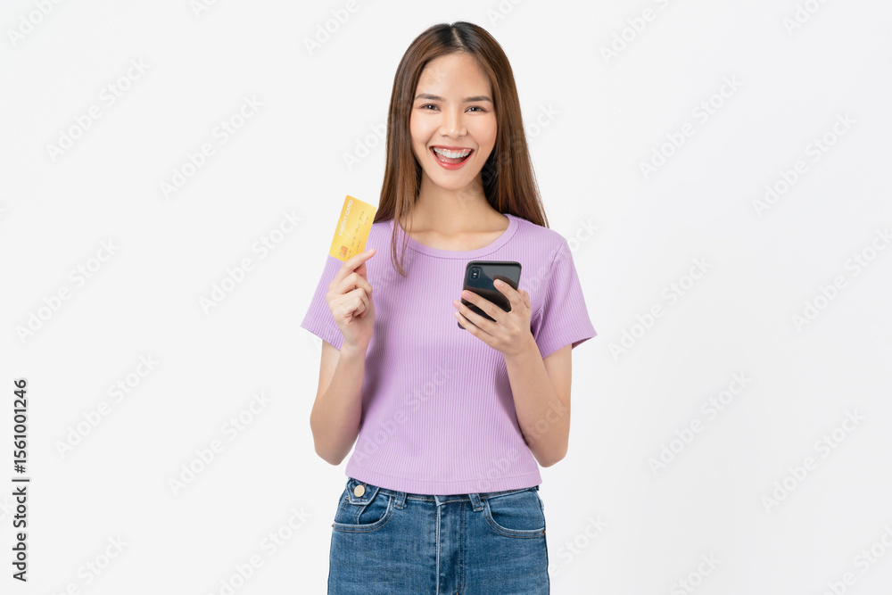 Beautiful Asian woman holding credit card and using smartphone on white background. Beautiful Asian woman holding credit card and using smartphone on white background.