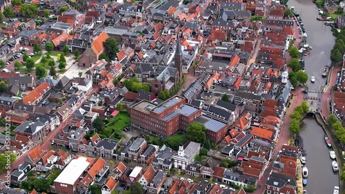 An panoramic Aerial view of the old town of the city Dokkum in the Netherlands on a cloudy morning in summer