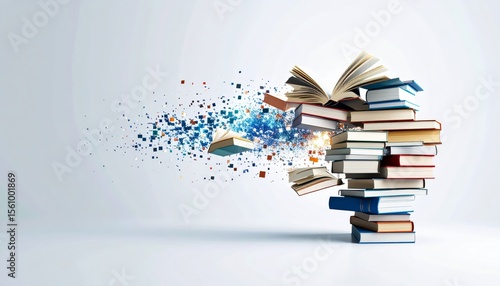 A stack of books explodes with knowledge isolated on white background