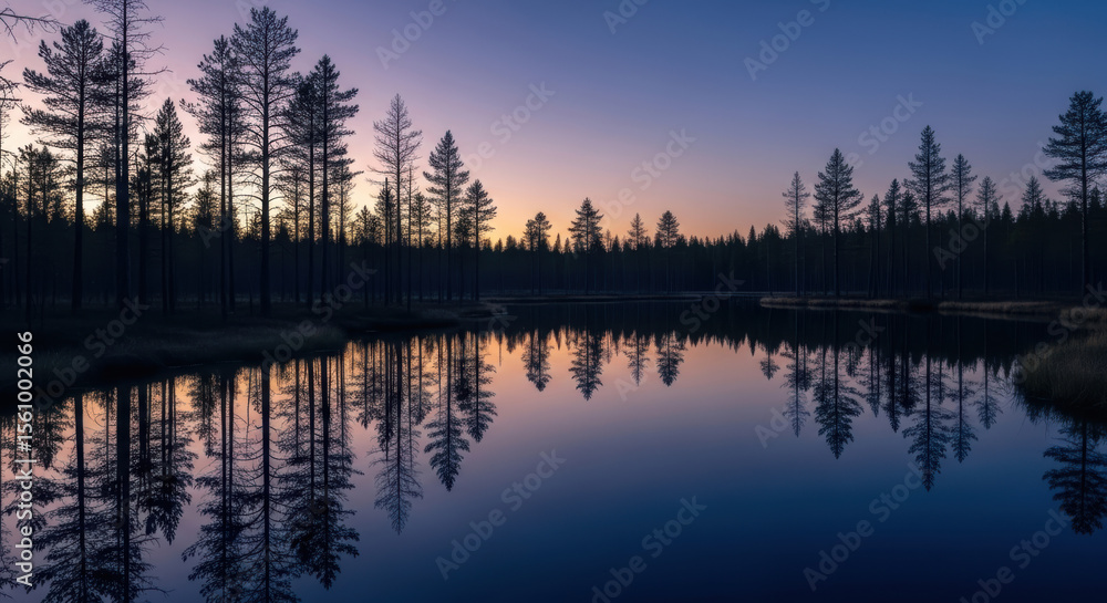 Fototapeta premium A tranquil lake mirroring silhouetted trees under a twilight sky with soft sunset hues visible above