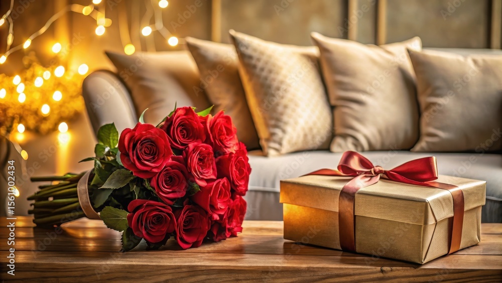 Obraz premium Romantic Evening Ambiance A Bouquet of Deep Red Roses and a Beautifully Wrapped Gift Resting on a Wooden Table in a Cozy Living Room Setting