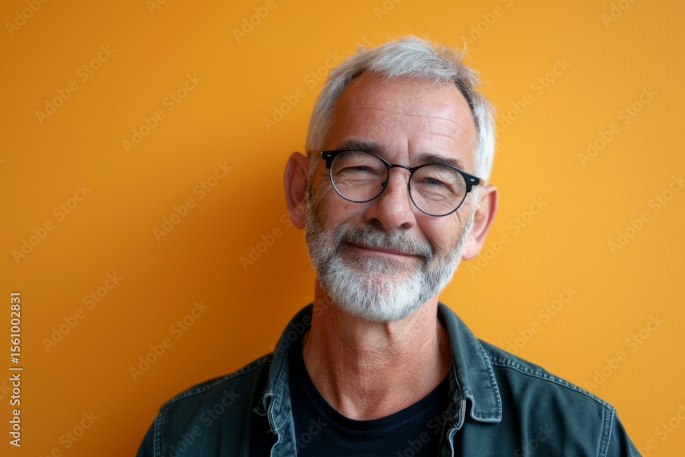 Portrait of a happy senior man with eyeglasses against yellow background Portrait of a happy senior man with eyeglasses against yellow background