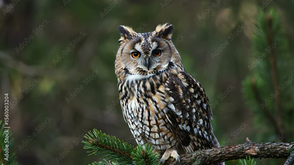 Majestic long eared owl perched on a pine branch observing nature Majestic long eared owl perched on a pine branch observing nature