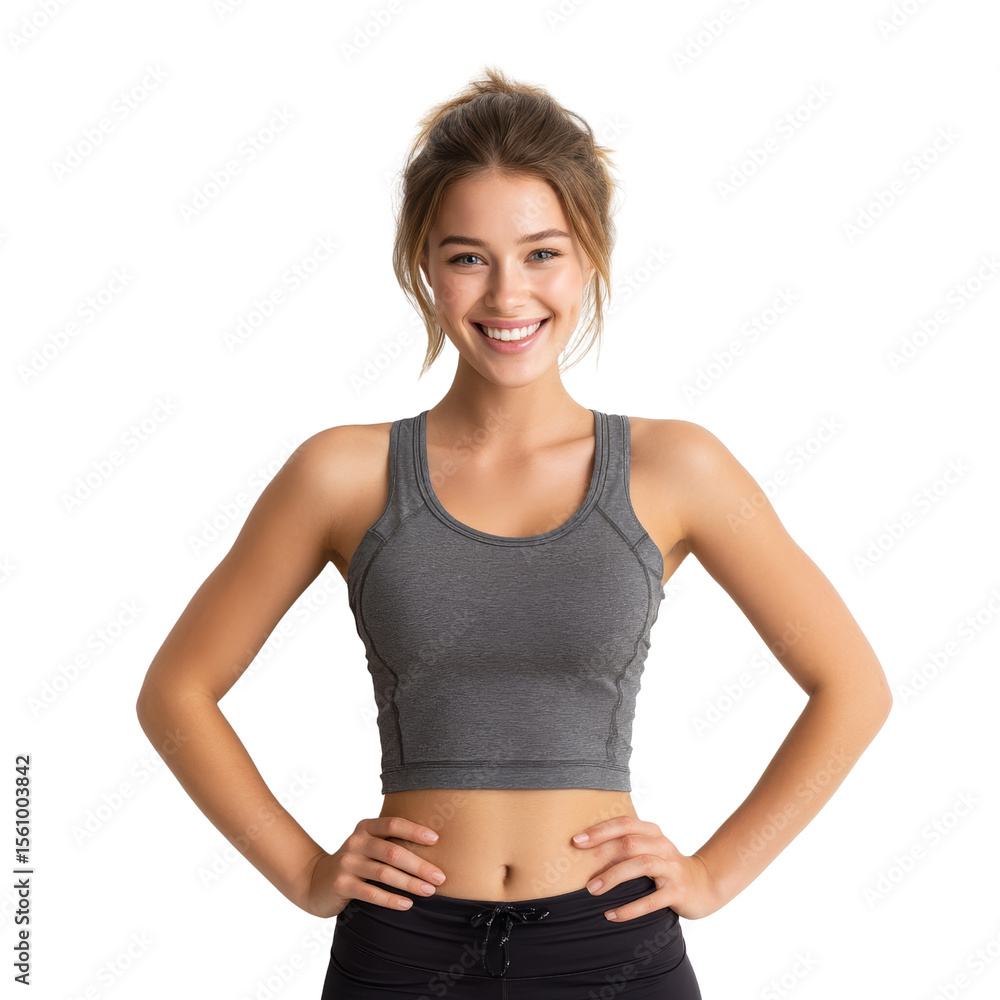 Smiling woman in gray sports bra, showcasing fitness and confidence, perfect for health and wellness themes Smiling woman in gray sports bra, showcasing fitness and confidence, perfect for health and wellness themes