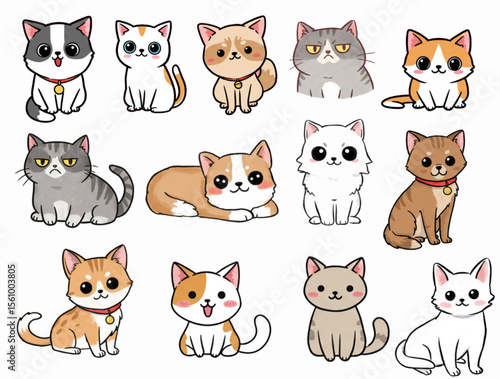 ute Kawaii Cat Collection - Adorable Cartoon Kitten Characters Vector Illustration Set