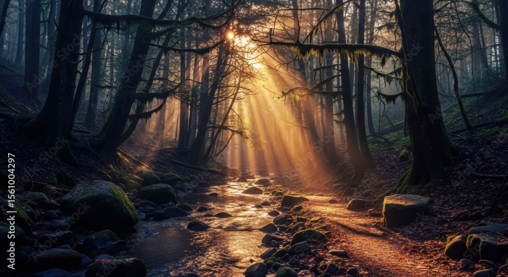 Fototapeta premium Mystical Forest Stream Bathed in Golden Sunbeams and Fog