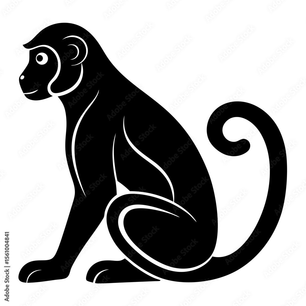 Obraz premium Stylized black monkey silhouette sitting with a curled tail and white accents