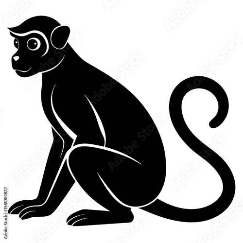 Stylized black silhouette of a monkey sitting on a white background