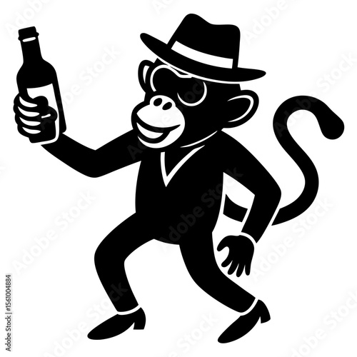 Stylized black silhouette of a monkey wearing a fedora and suit holding a bottle