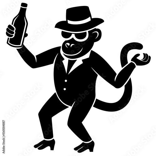 Dapper monkey in a suit and hat holding a bottle and dancing