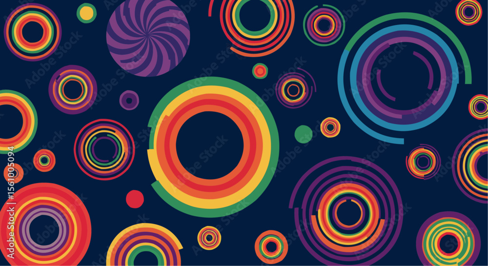 Fototapeta premium Retro circle pattern – colorful abstract background with layered rings and glowing outlines.