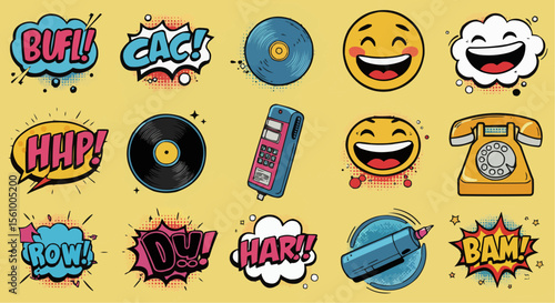 Pop art sticker set – comic-style emojis, vinyl records, speech bubbles, and boombox.