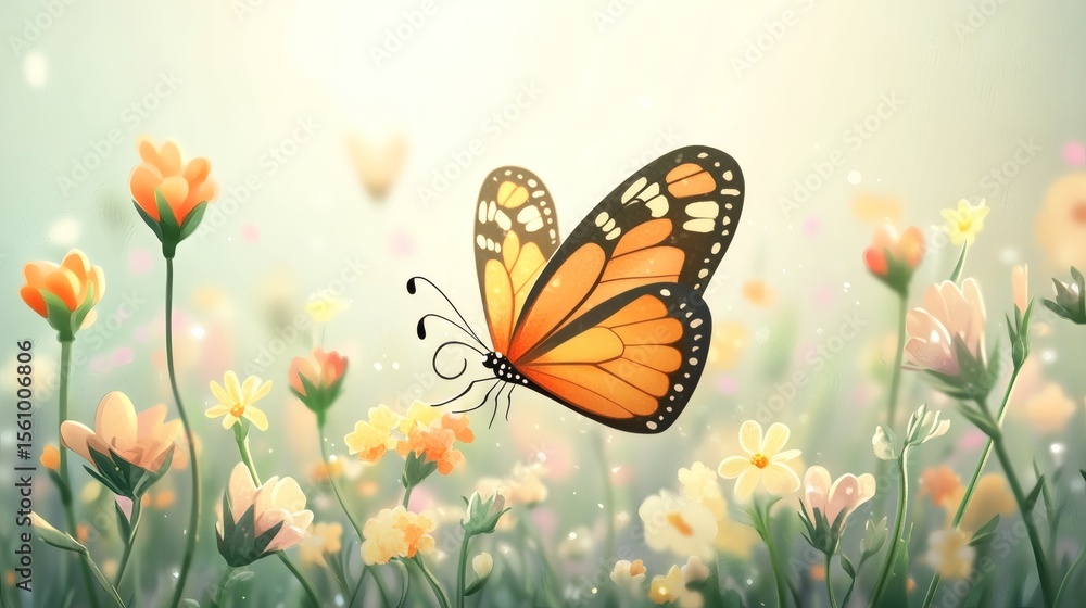 A colorful butterfly is flying above wildflowers in a field A colorful butterfly is flying above wildflowers in a field