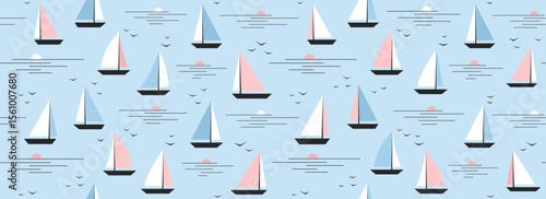 Cute boat seamless pattern. Summer marine repeated background. Blue nautical print for textile, fabric. Small cartoon yacht and birds in still water ocean. Baby nursery pattern. Vector illustration