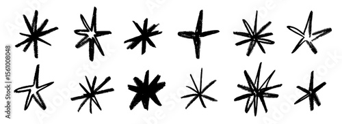 Wallpaper Mural Crayon hand drawn stars set. Childish doodled sparks and sparkles collection. Grunge rough brush stroke shine element pack for collage, poster, sticker, label. Black pencil sketched symbols. Vector Torontodigital.ca