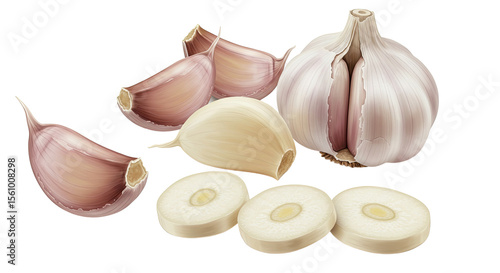 Detailed garlic bulb and cloves illustration for culinary and health themes