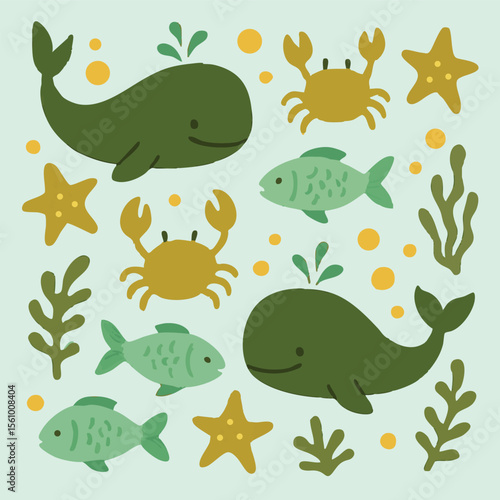 Whales, fish, crabs, starfish, and seaweed on a blue background